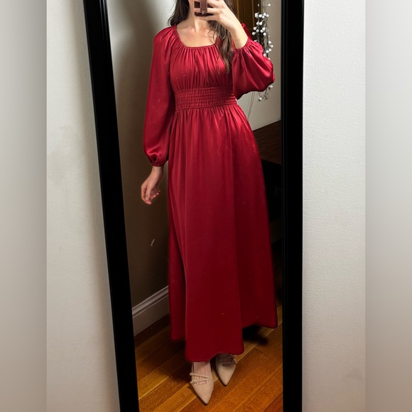Handmade Silk charmeuse Brick Red Maxi Dress long sleeve scoop neck modest